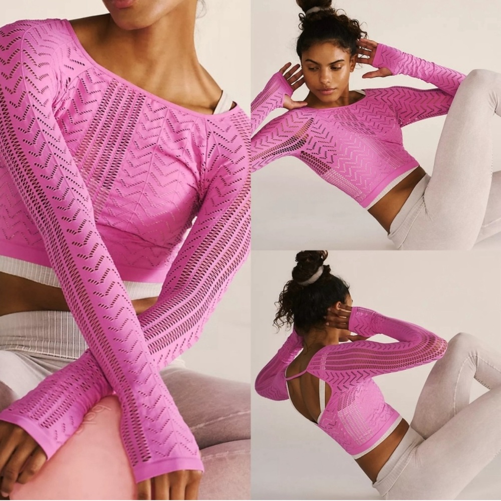 Free People Pink Openwork Long Sleeve Crop Top
